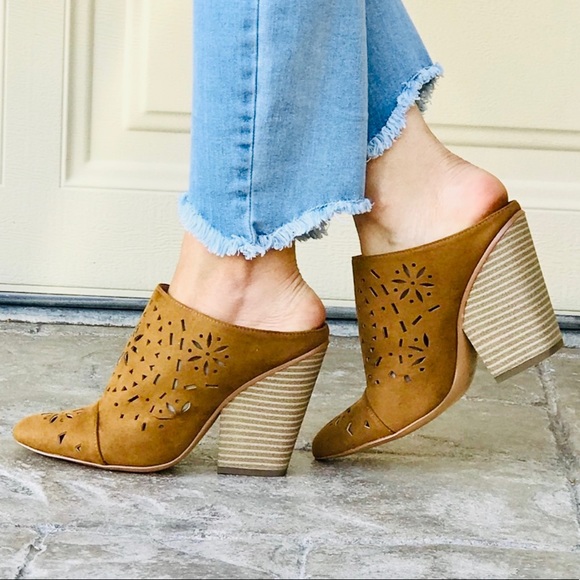 Cognac Laser Cut Closed Toe Block Heel Mule Clog - Picture 2 of 8